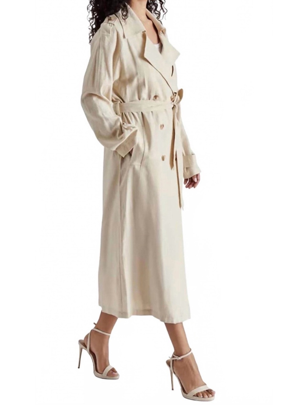 STEVE MADDEN Beige Double-Breasted Lennox Linen Blend Trench Coat M Medium - Picture 3 of 5
